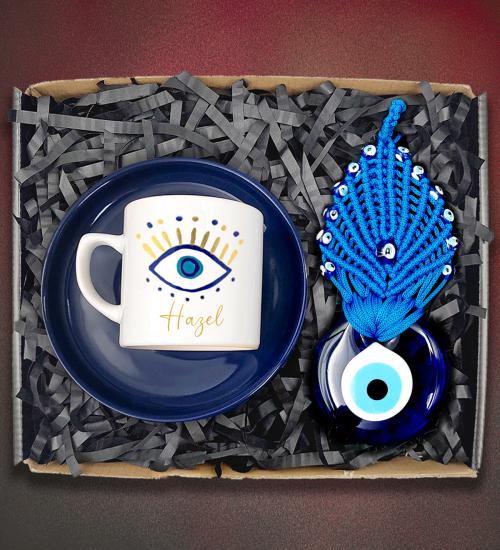 Kişiye Özel Mavi Renk Altlıklı Nazar Tasarım Kahve Fincanı&Nazar Süs Hediye Seti